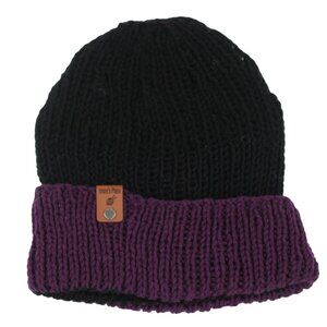 Handmade Hand Knit Eggplant Deep Purple Black Wool Blend Ribbed Knit Beanie Hat
